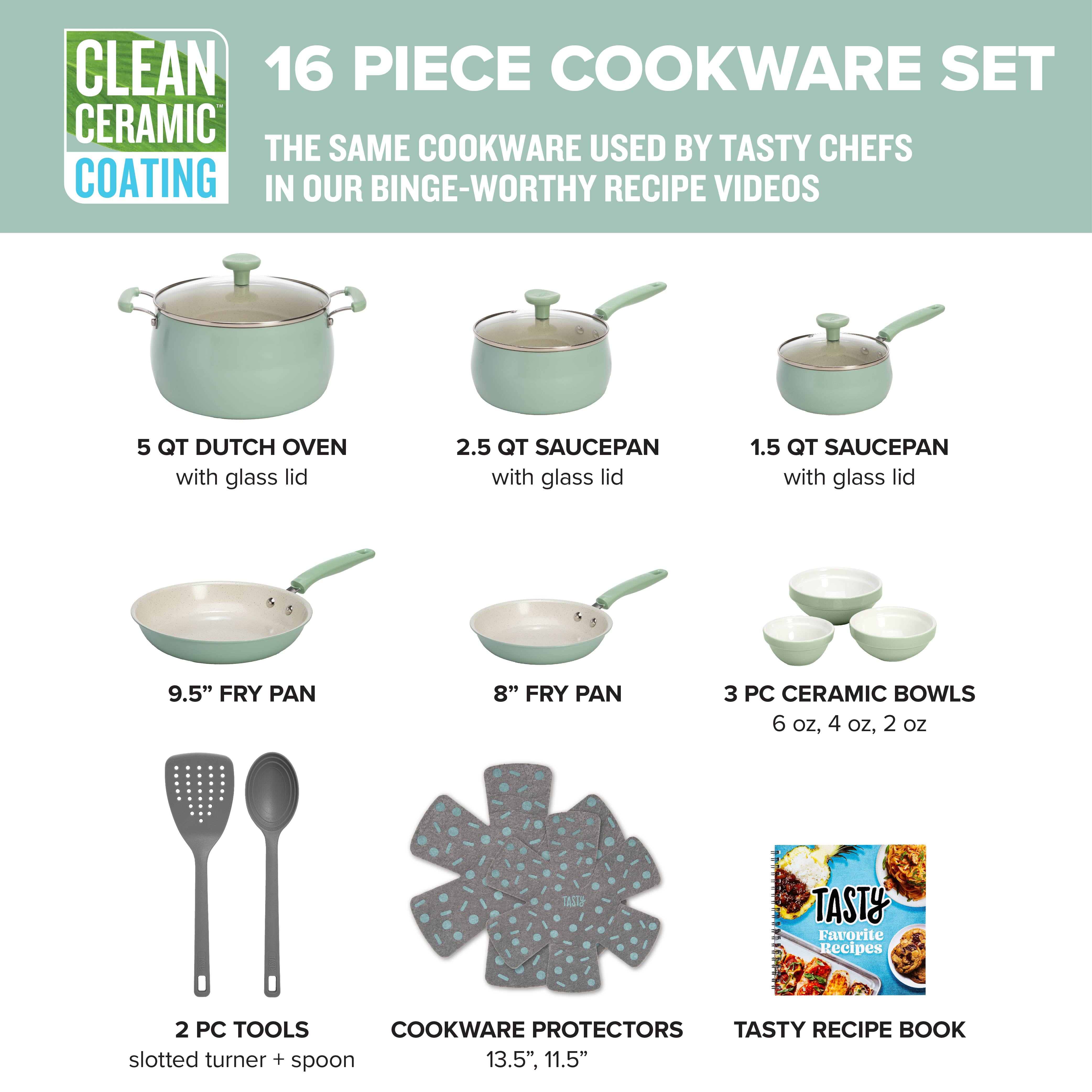 Tasty Clean Ceramic 16 Piece Non-Stick Aluminum Cookware Set, Sage Green