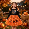 thumbnail image 5 of Girls Halloween Pumpkin Letter Print Tulle Dress Long Sleeve Flutter Shoulder Puffy Tutu Princess Dress Kids Festive Party Holiday Outfit for Daily Vacation Wear(Red2,5-6 Years), 5 of 8