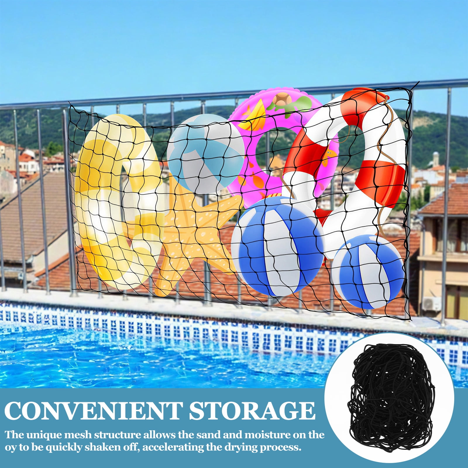 Grusce Pool Float Net Storage Bag, 71" x 45" Large Hanging Pool Toy Storage Mesh Net, Adjustable Poolside Fence Organizer for Swimming Ring Balls Inflatables with 10 Hooks & 10 Cable Ties