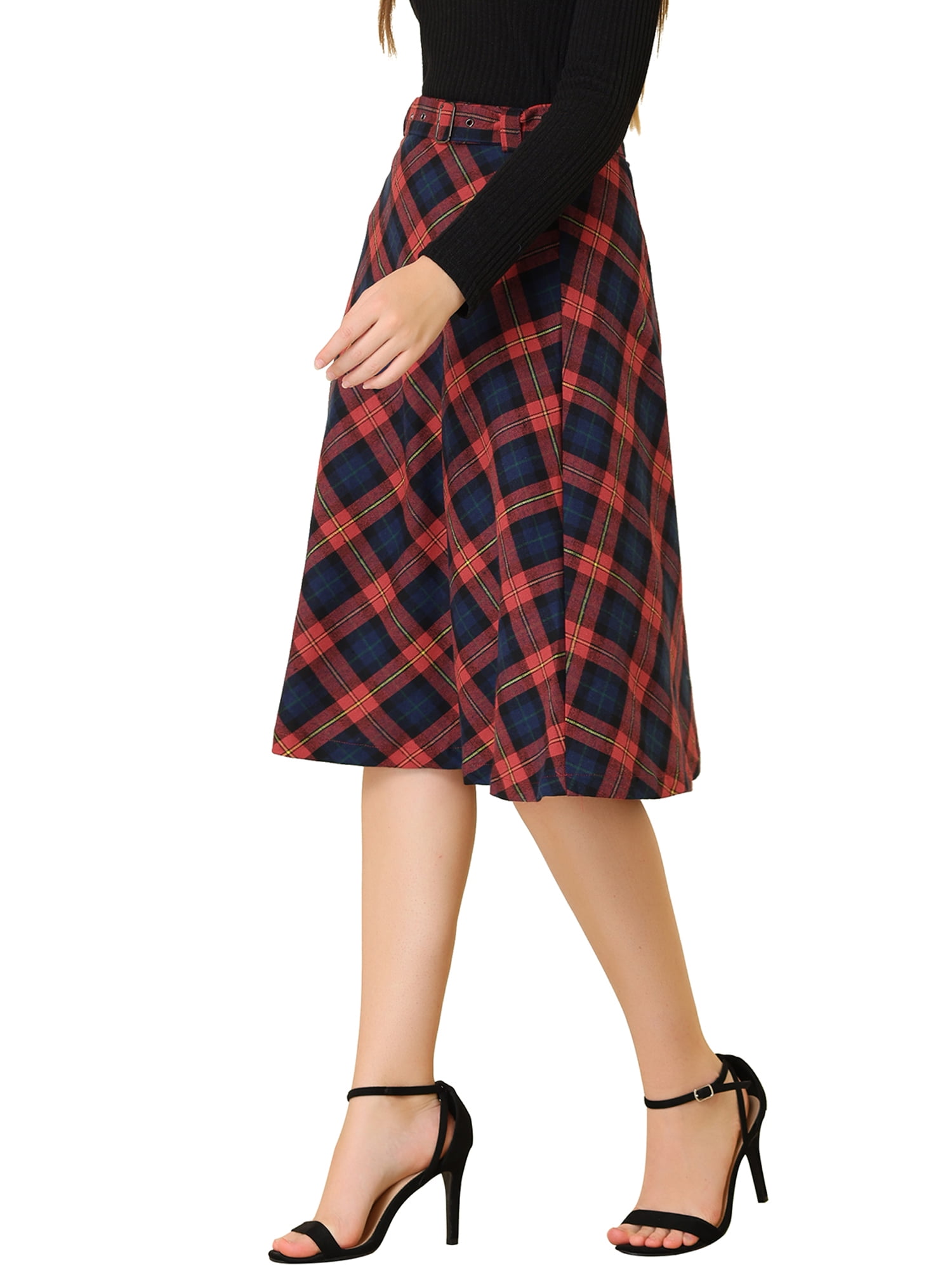 DARING DIVA Women's Plaid Belted Vintage A-Line Midi Skirt M Red Blue