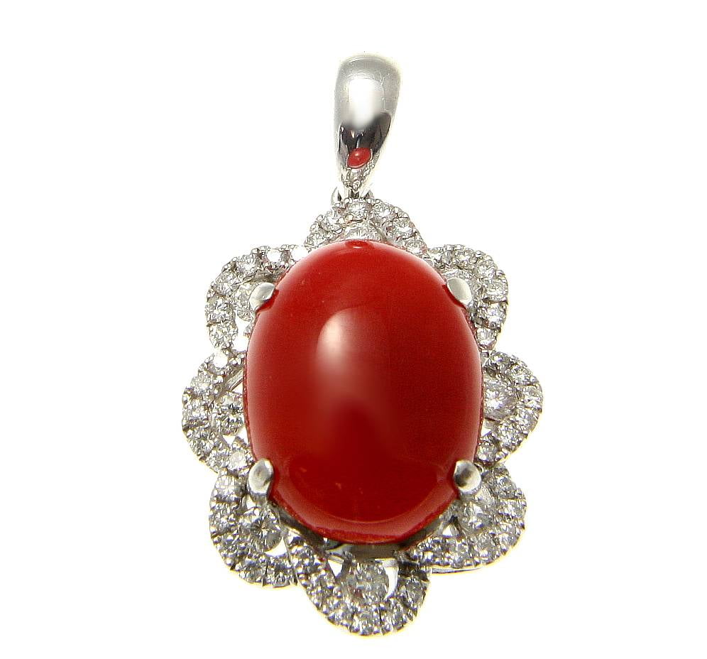 Genuine natural red coral diamond pendant set in solid 14k white gold 16mm by