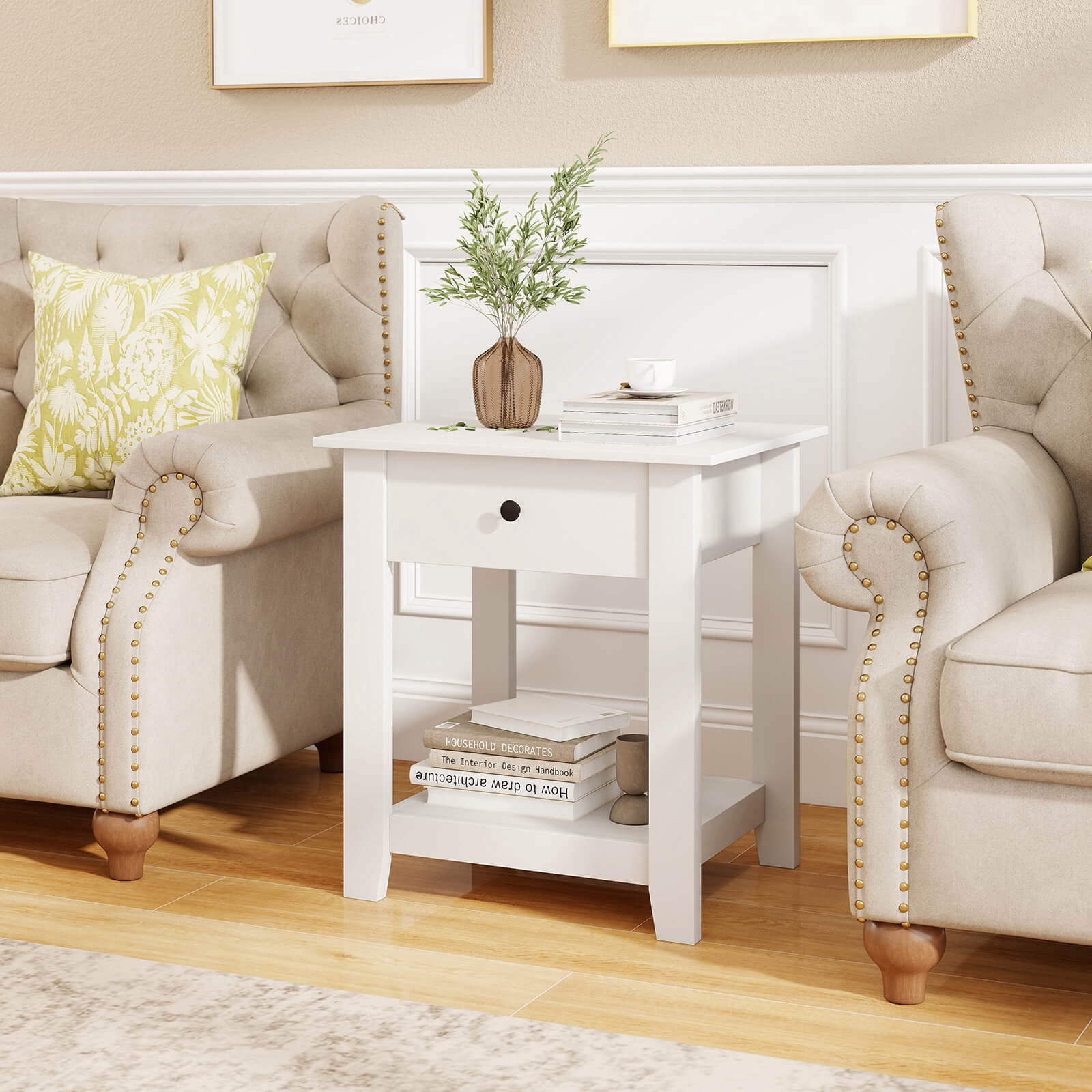 Costway 2 PCS Nightstand with Drawer 3-Tier Modern Bedside Table with Open Shelf Storage White