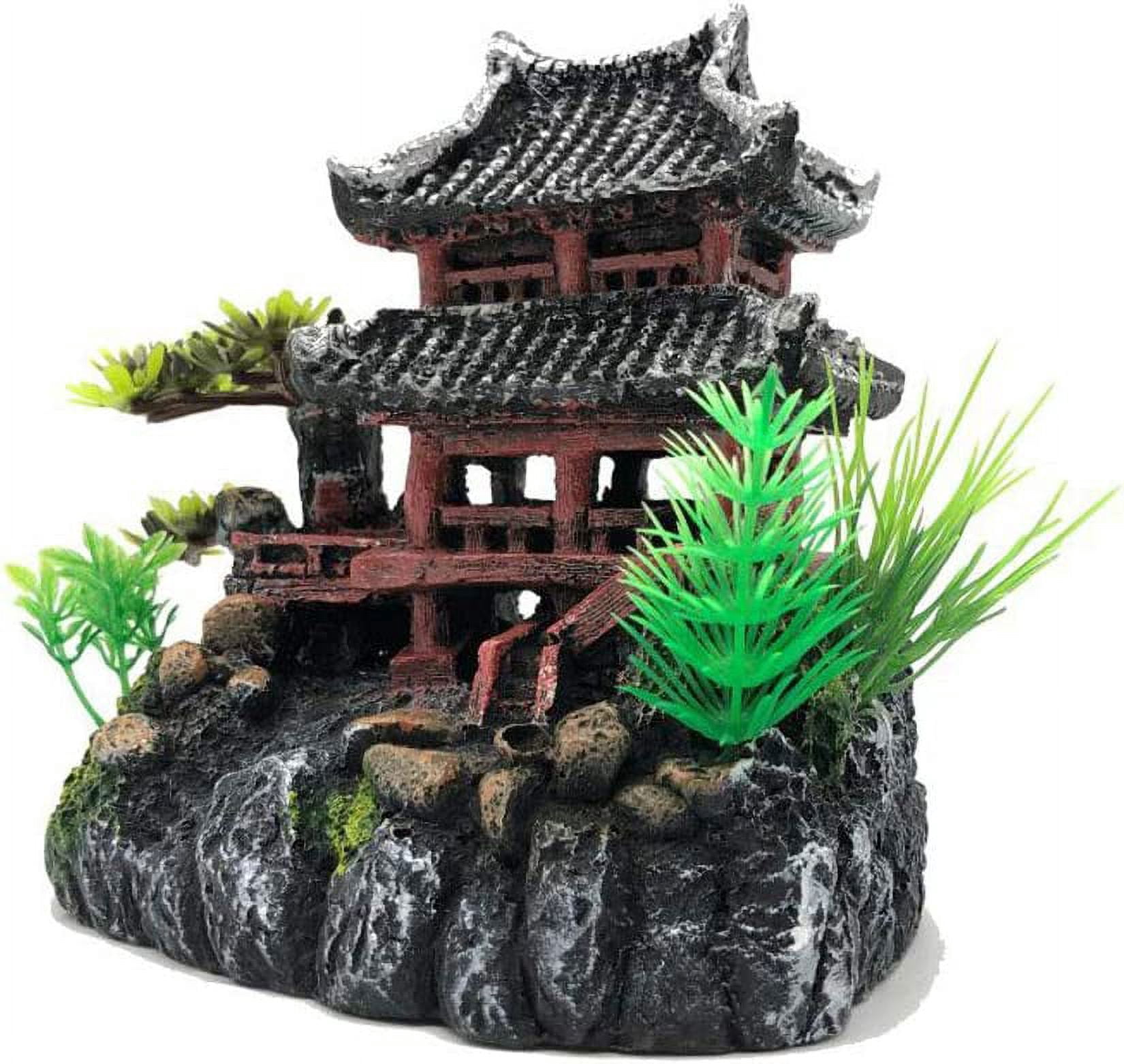 Nvzi Chinese Ancient Water Towns Aquarium Décor Ornaments, Resin Fish Tank Decorations Hideout Castle 8", Hand Painted with Realistic Details Tree (Water Town with red Stairs)