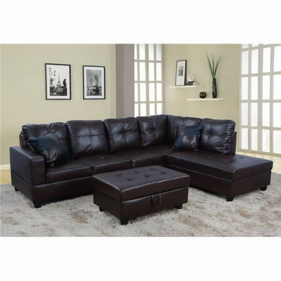 Lifestyle LS093B Right Facing Sectional Sofa Set - Faux Leather, Brown - 3 Piece