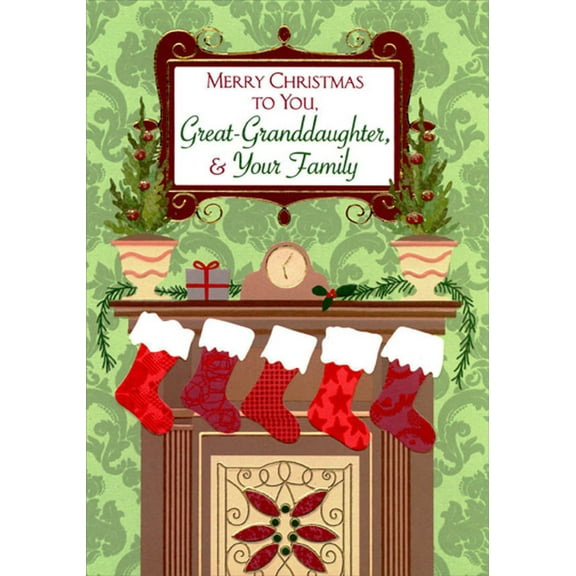 Designer Greetings Five Stockings Hanging on Mantel : Light Green Wallpaper Great-Granddaughter and Family Christmas Card