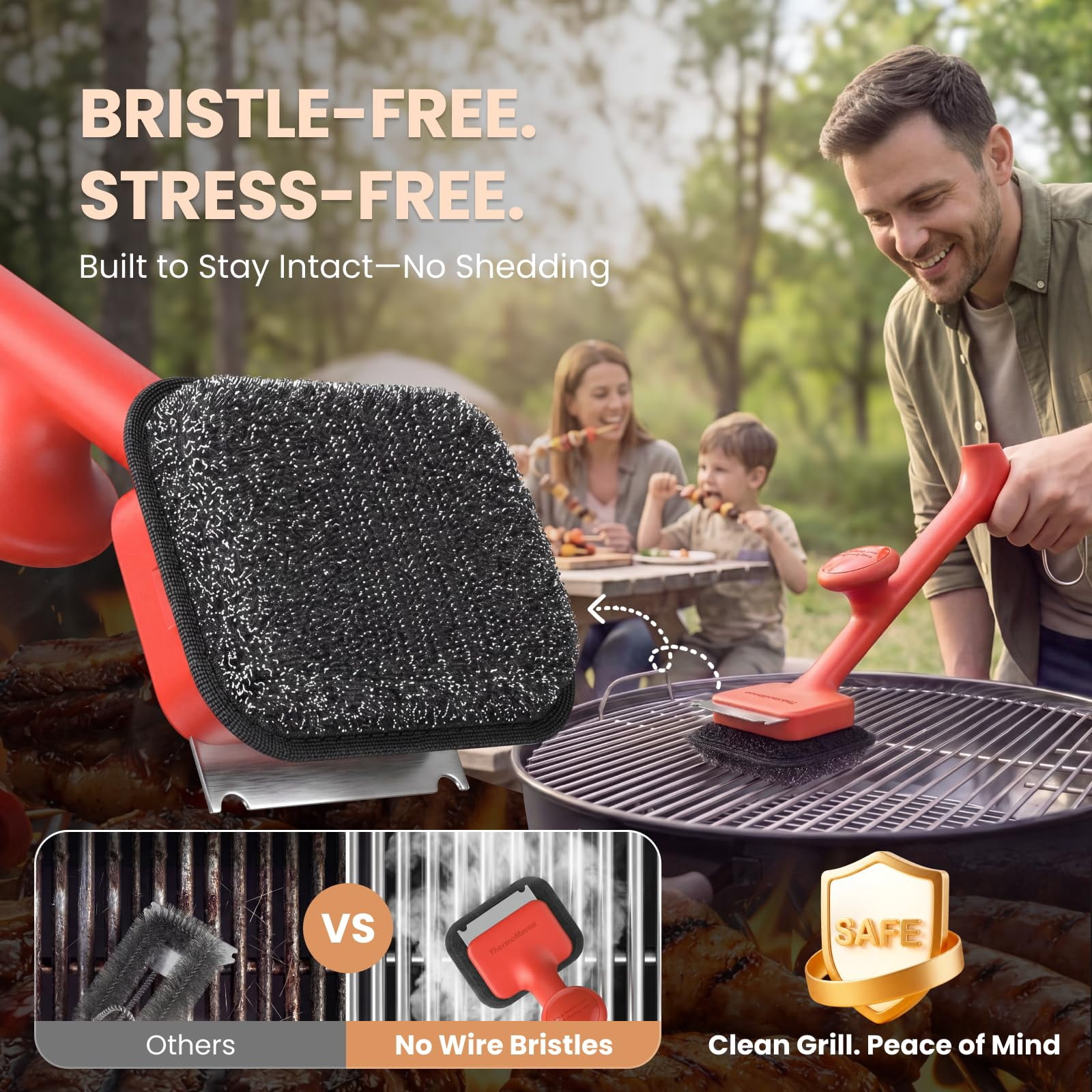 Bristle-free BBQ Grill Brush - 17" Cool-touch Handle, Scraper & 3 Replaceable Heads for Gas Charcoal Cast Iron