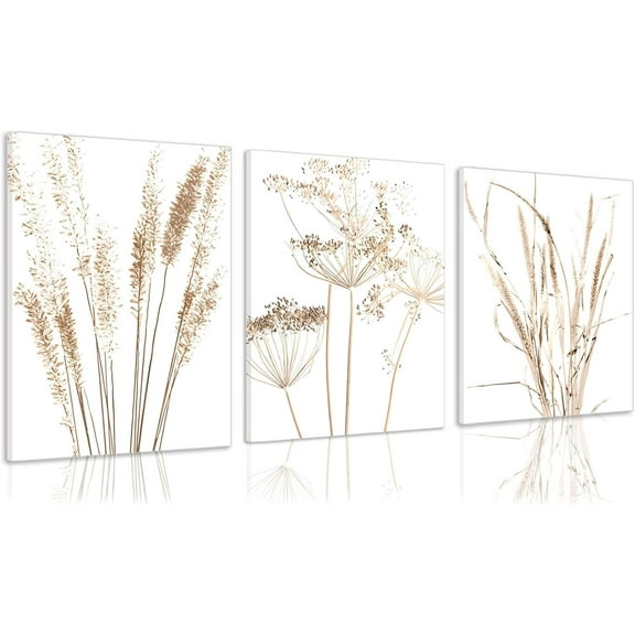 Beige Botanical Canvas Wall Art Set of 3 Boho Plant Artwork Neutral Bohemian Minimalist Art Modern Painting Pictures Prints for Wall Decor Aesthetic, for Bedroom Living Room Framed 12x16in