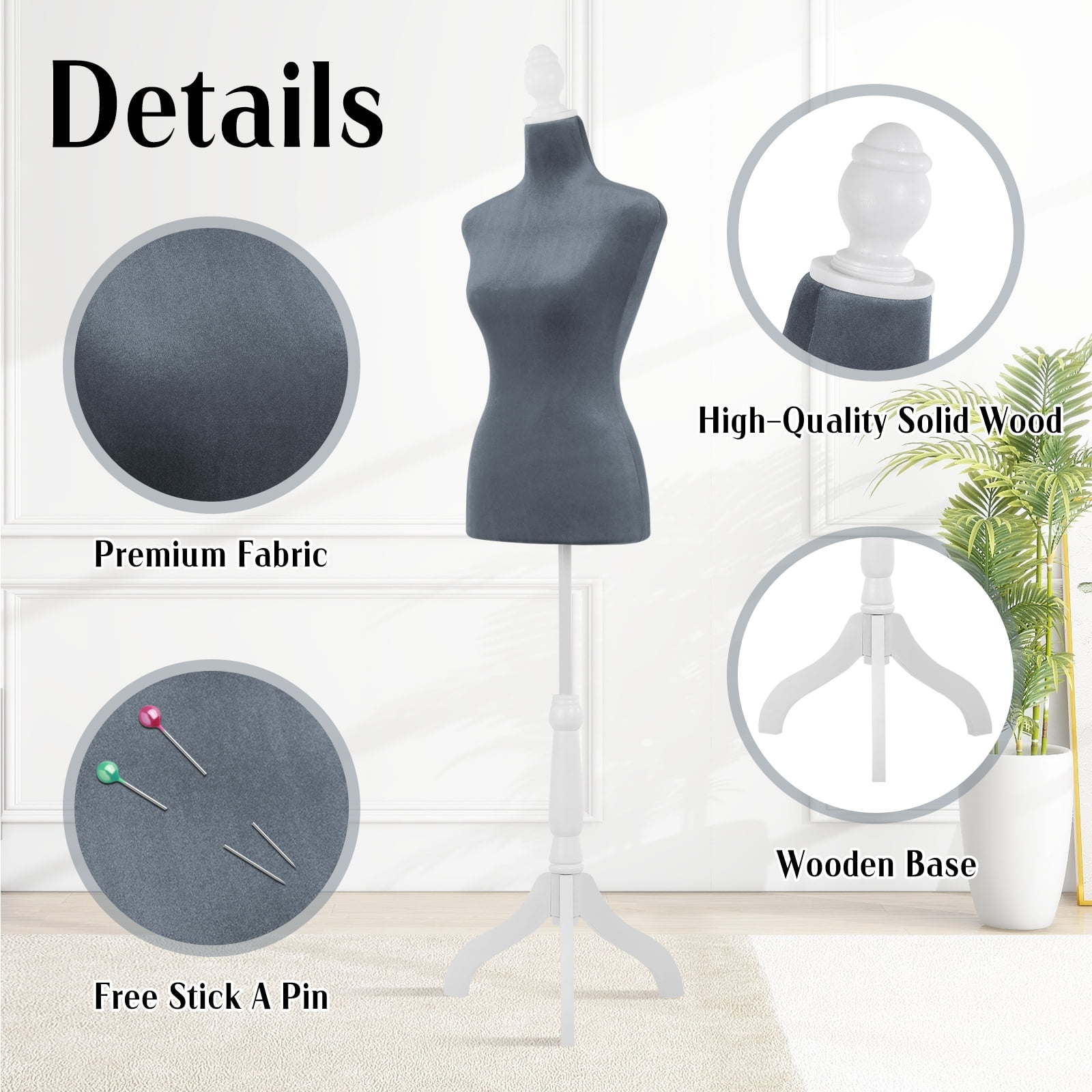 Dkelincs Female Mannequin Torso with Wooden Tripod Stand Adjustable Dress Form for Dress Jewelry Display, Grey