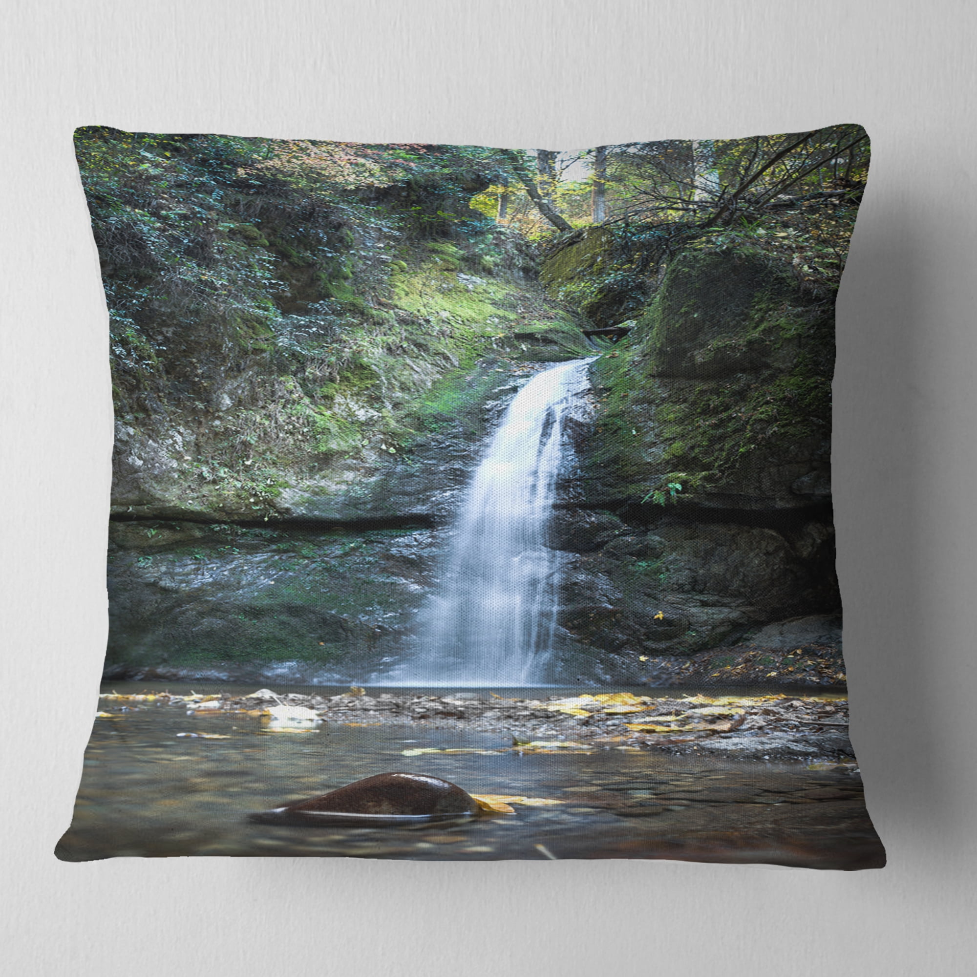 Designart Nanayo Waterfall Japan - Landscape Photo Throw Pillow - 18x18
