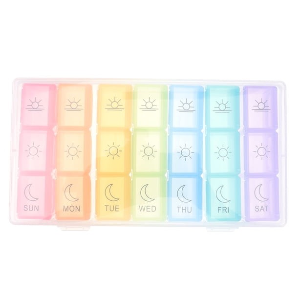 EeaseMX Pastillero semanal de 21 compartimentos con diseño de arcoíris, dispensador de pastillas, caja portátil de plástico.