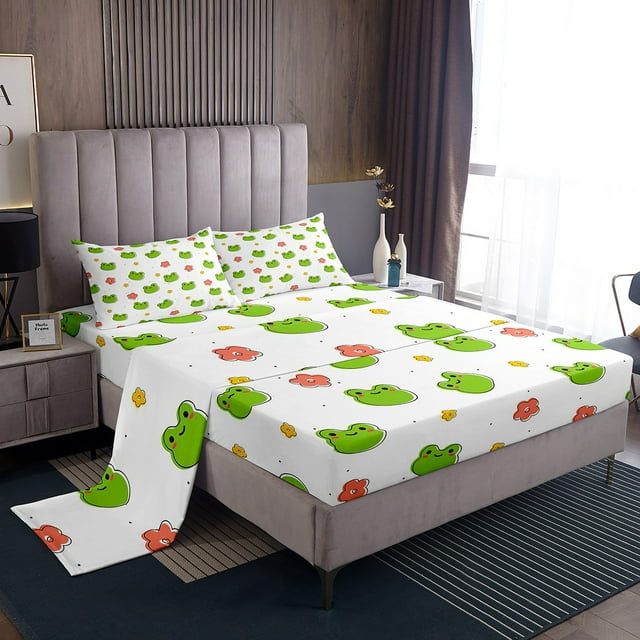 YST Mignon Frog Ensemble de Draps Coloré Fleur Floral Draps Grand 4 Pcs Enfants Garçons Filles Kawaii Draps de Lit, Drap-Housse Animal de Dessin Animé Rouge Vert Blanc Microfibre Respirante Drap Plat