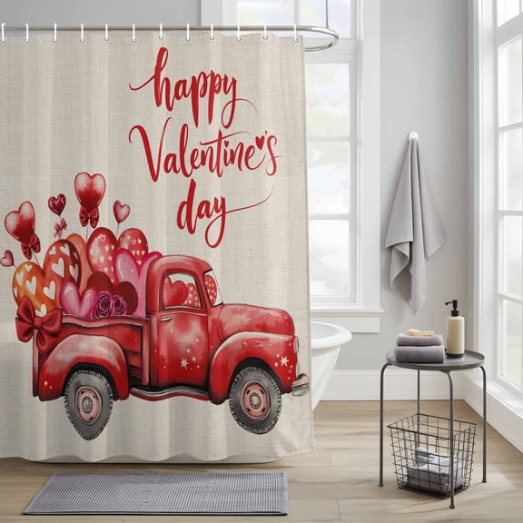 Bathroom Shower Curtain Valentines Day Red Truck Waterproof Shower Curtains with Hooks, Love Balloon on Linen Bath Curtains Bathtub Curtain Home Decor 36x72in