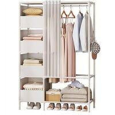 Floor Standing Coat Rack with Drawing Curtain Design, Portable Closet Organizer System for Multifunctional Storage in White, Sturdy Carbon Steel Construction for Durability and Stability
