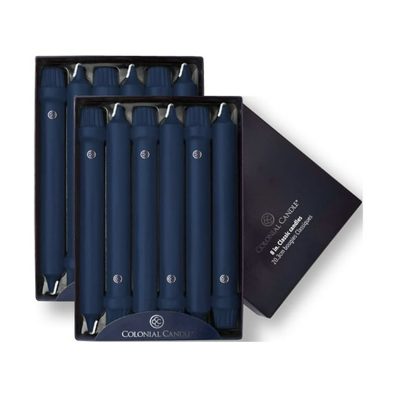 Colonial Candle Classics Unscented Taper Candle Indigo, Dripless, 8 inch, 6 Hours Burn, Pack of 12
