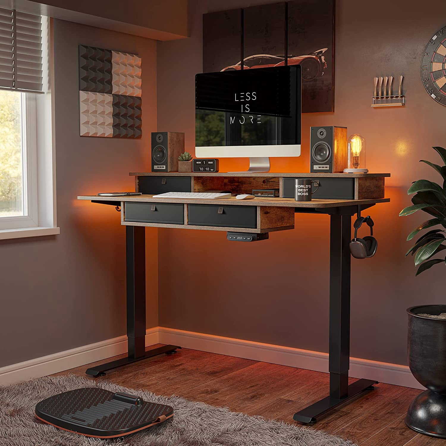 FEZIBO 48 x 24 Inch Height Adjustable Electric Standing Desk with 4 Drawers, Stand Up Table with Storage Shelf, Sit Stand Desk with Splice Board, Black Frame/Rustic Brown Top
