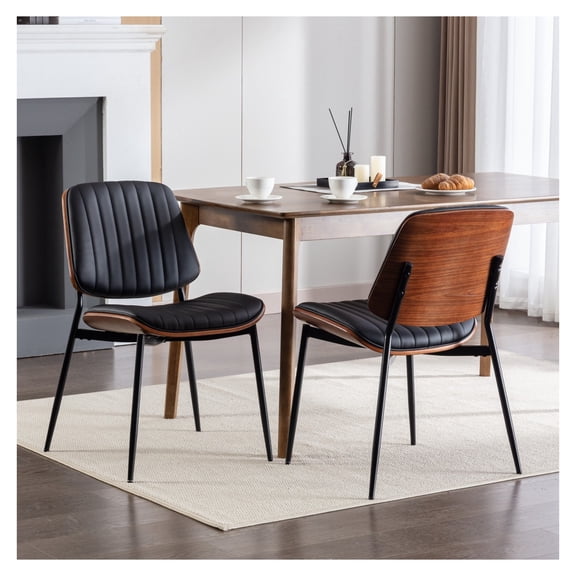 A&A Furniture, Dining Chairs Set of 2 Century Modern Faux Leather Chair with Walnut Bentwood Back Upholstered Seat Metal Legs Adjustable Foot for Kitchen Dining Room Chairs(Black PU) Iron Black PU