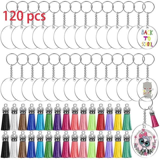 Juego de llaveros de 120 Uds., placa acrílica estable, llavero, anillo de enlace, Kit de borlas de cuero para decoración DIY, Color plateado