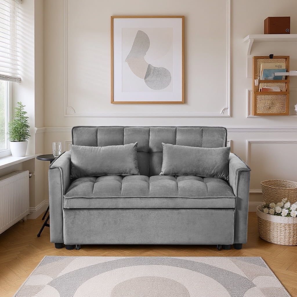 Gewnee 3-in-1 Convertible Futon Sofa Bed – 52.75" Velvet Pull-out Sofa Bed with Reclining Backrest,Side Pockets & 2 Toss Pillows – for Living Room,Apartment,Dorm(Dark Grey）