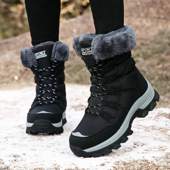 Women Mid Calf Snow Boots Faux Fur Lined Lace Up Non Slip Lug Sole Outdoor Warm Winter Fashion Booties Black 7.5