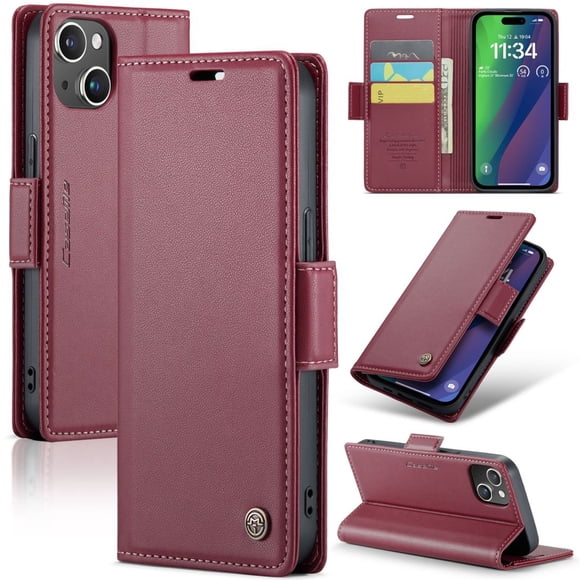 CaseMe Leather For iPhone 13 Wallet Case with RFID Blocking, For iPhone 13 Case Wallet for Women Men Card Holder Magnetic Clasp Kickstand Folio Case for iPhone 13,Wine Red,For iPhone 13