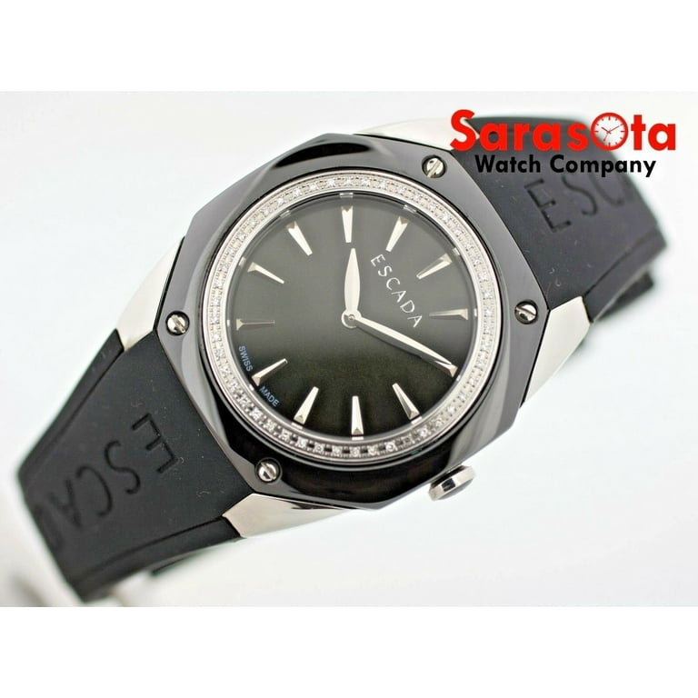 ESCADA Naomi Black Ceramic Steel Case Diamond Bezel Rubber Quartz Wrist Watch
