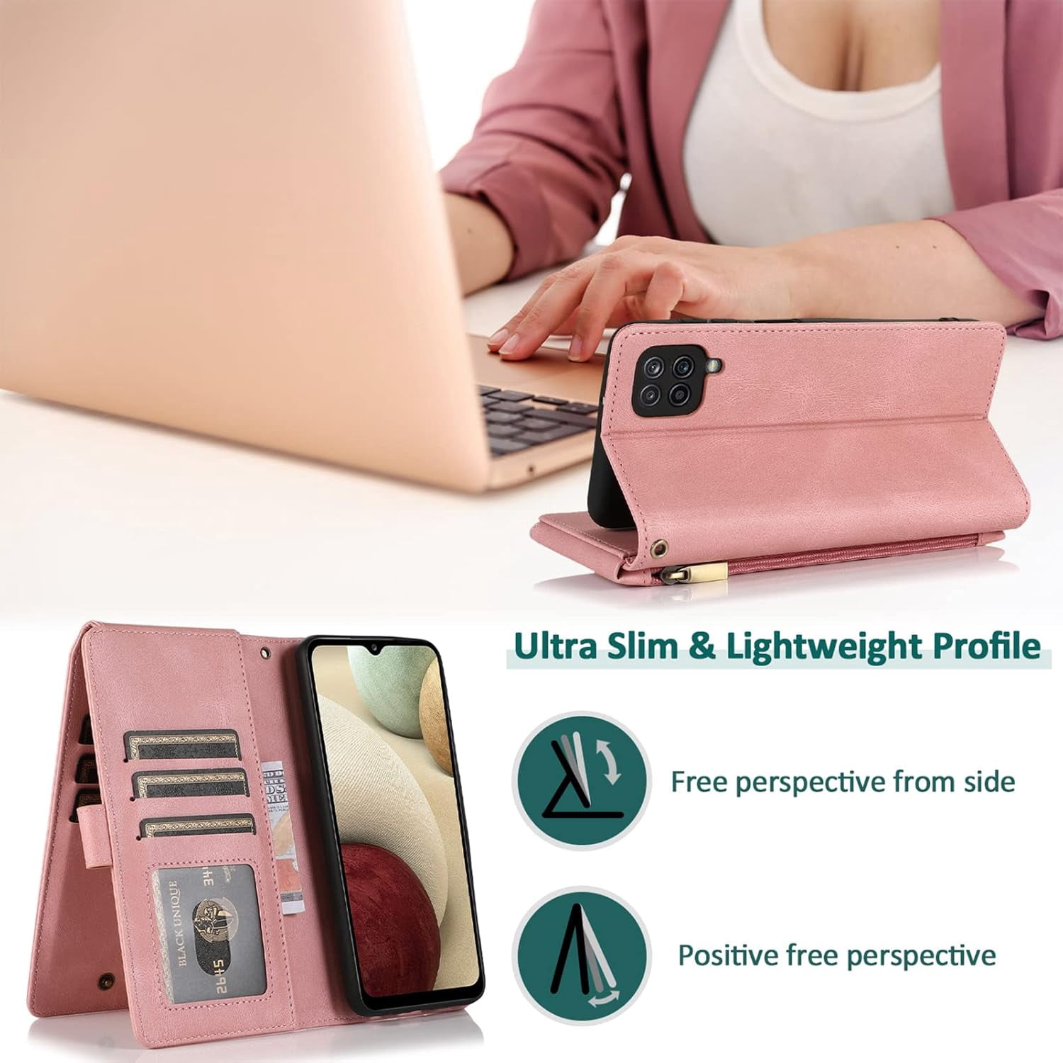 Compatible with Samsung Galaxy A12/M12 Wallet Case Tempered Glass Screen Protector Zipper Leather Flip Cover Card Holder Cell Phone Cases for Glaxay A 12 5G Gaxaly A-12 S12 12A 4G Women Rose Gold