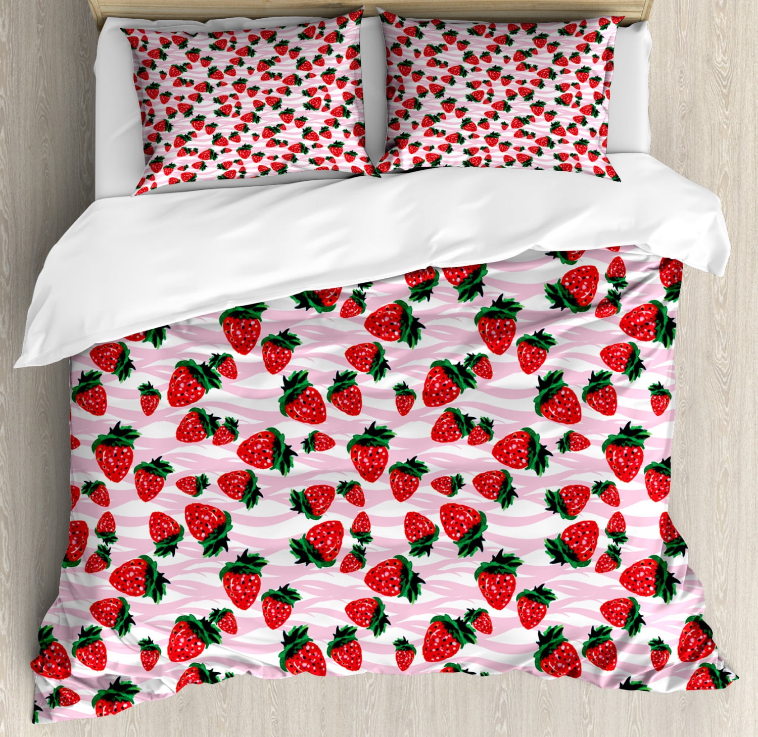 Strawberry Queen Size Duvet Cover Set Hand Drawn Watercolor