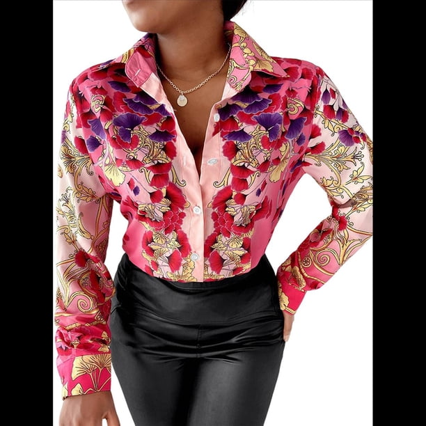 Blusas para Mujer, con Botones, Estilo Informal, de Negocios, de Larga, Elegantes y Sexys. Estampado Rosa XL