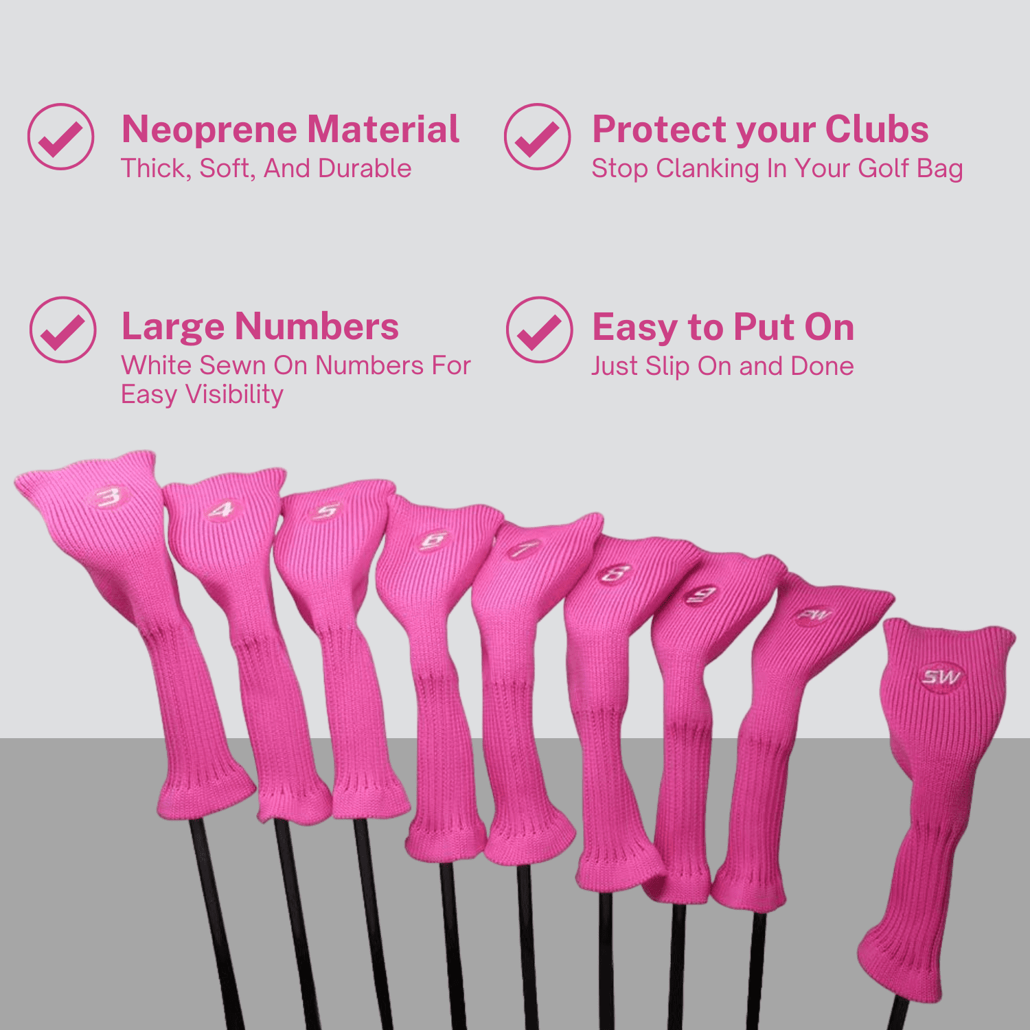 Majek All Hybrid Golf Club Pink Headcover Set 3-SW. Neoprene Acrylic Head Covers 3 4 5 6 7 8 9 PW SW