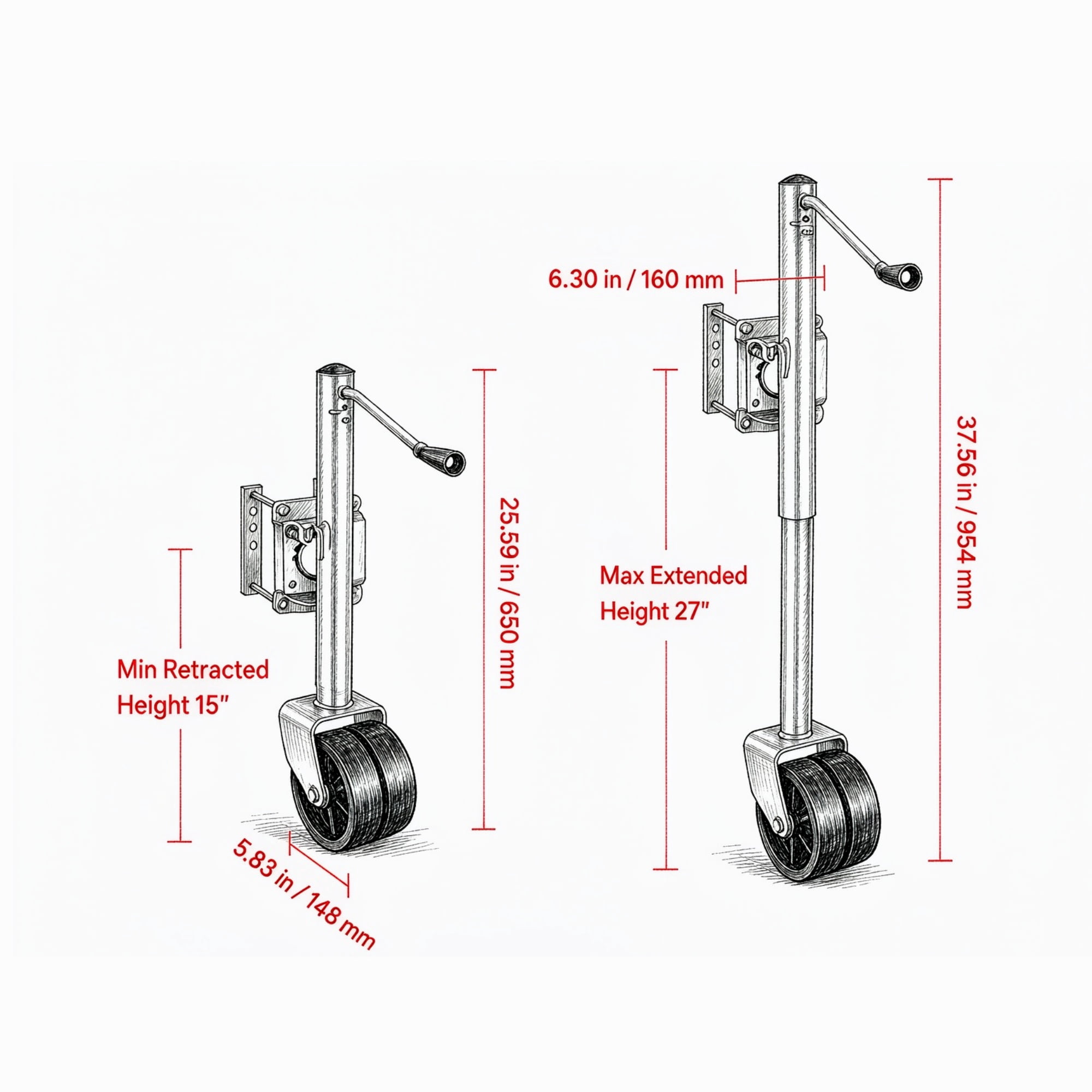 2000 lbs Heavy Duty Swivel Boat Trailer Jack with PP Dual Wheel, 15"-27" Lift Range for RV & Utility Trailers
