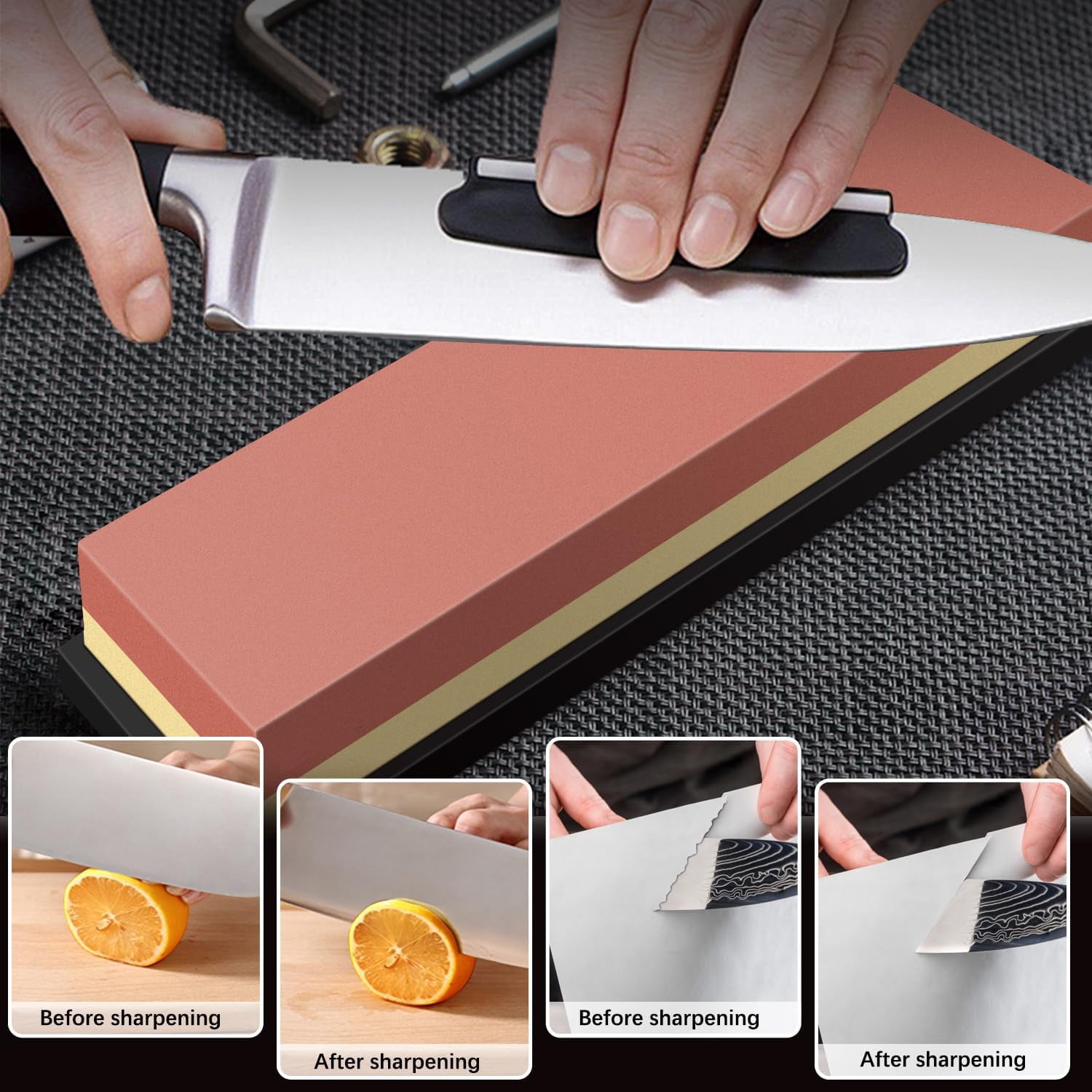 Knife Sharpening Stone Set – Dual Grit Whetstone 400/1000 3000/8000 Knife Sharpener with Leather Strop, Flattening Stone, Bamboo Base, 3 Non-slip Rubber Bases & Angle Guide