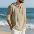 thumbnail image 5 of Men's Hooded Pullover Half Button Drawstring Long Sleeve Linen Henley Shirts Lightweight Casual Beach Blouse With Pocket (XL, Khaki), 5 of 8