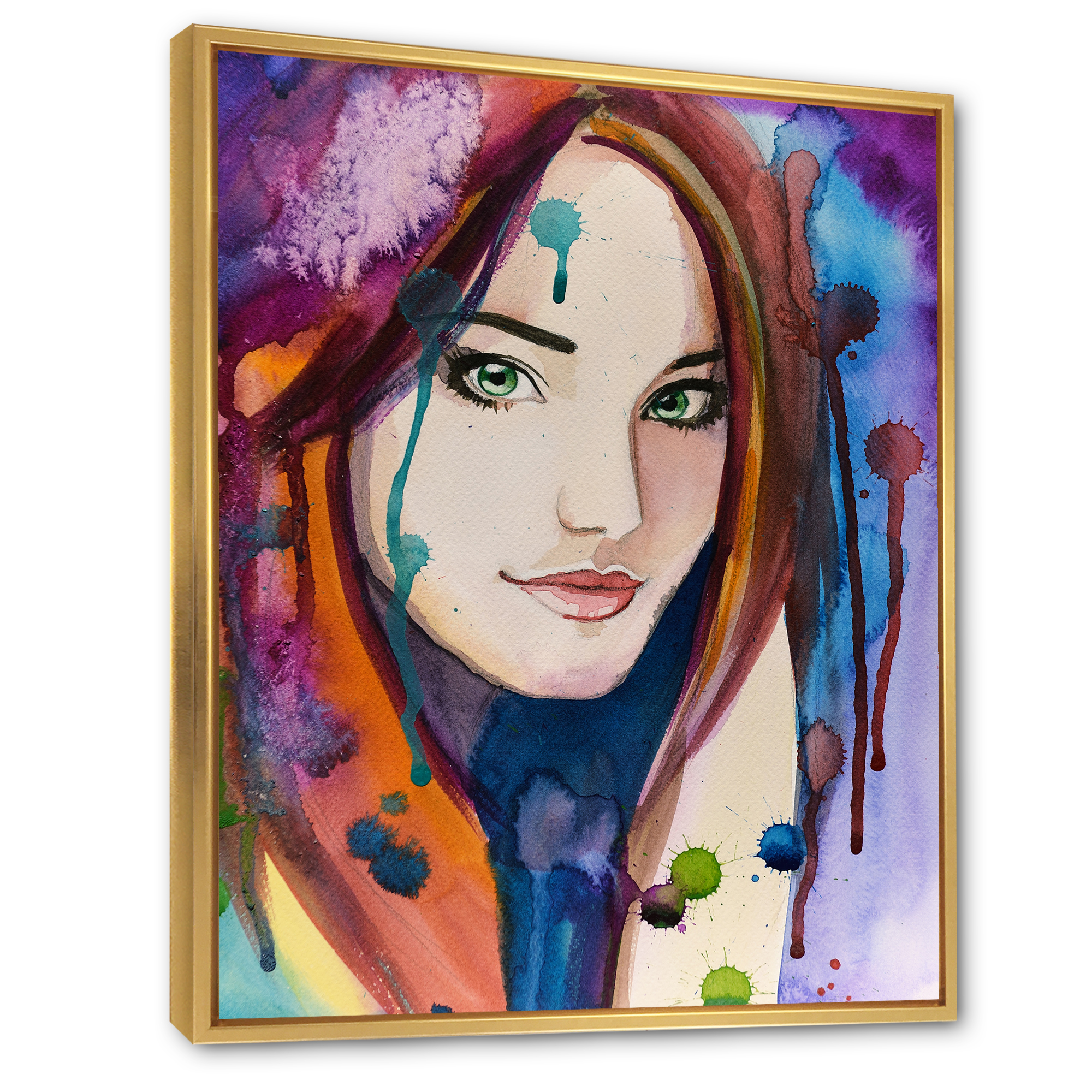 Designart 'Colorful Portrait Of Green Eyes Young Woman' Traditional Framed Canvas Wall Art Print