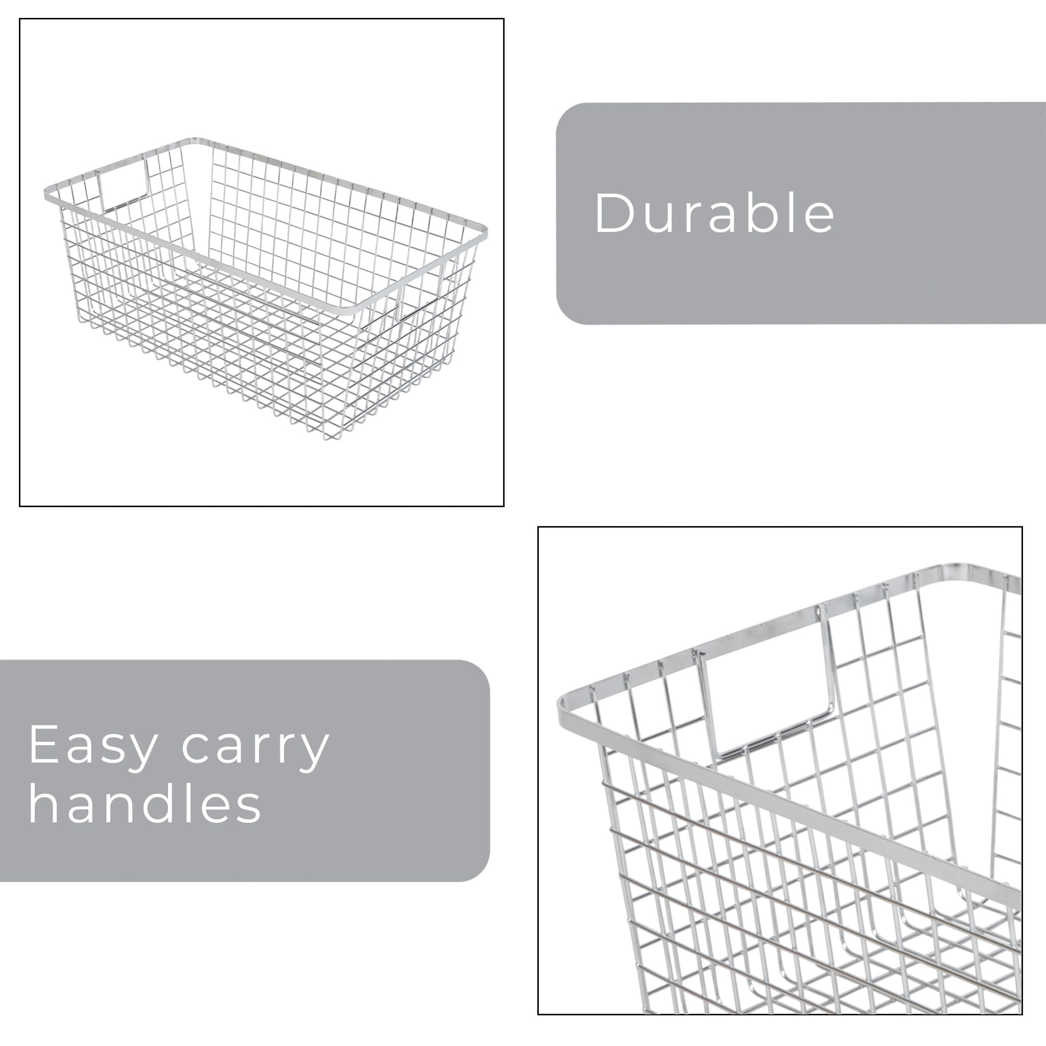 Smart Design Nestable Basket Organizer with Handles - 9 x 16 x 6 inches - Chrome - Set of 4