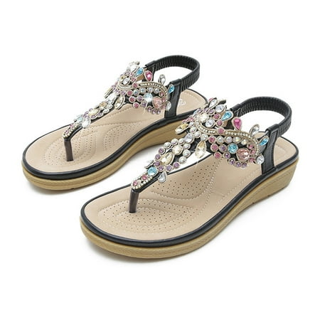 

Zpanxa Womens Sandals Shoes Bohemian Colored Diamonds Low-heeled Casual Comfortable Wear-resistant Sandals Wedge Sandals for Women Black 38
