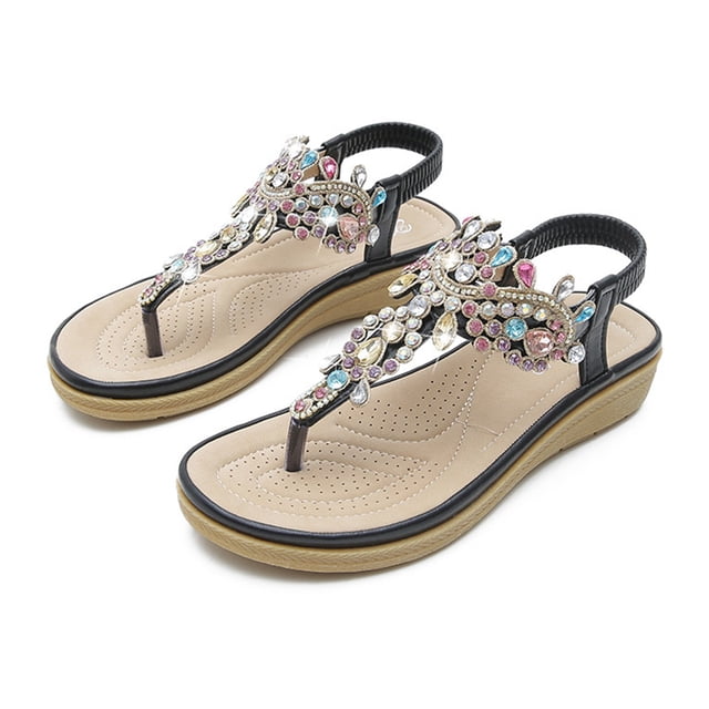 RKSTN Sandales pour Femmes Chaussures Bohémiennes Diamants Colorés Talon Bas Décontractées Confortables Résistantes à l'Usure Sandales Douces Confortables