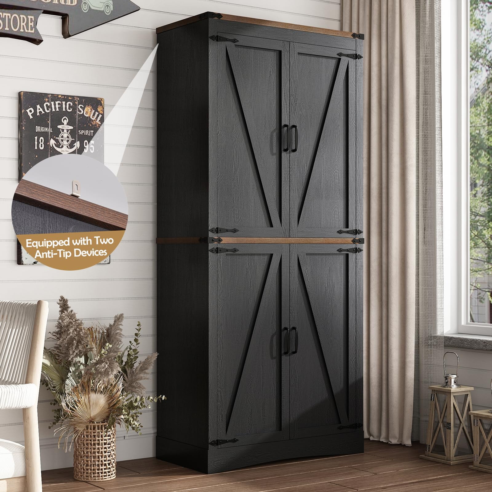ChVans 71" Tall Farmhouse Kitchen Pantry Storage Cabinet, 5 Layers Freestanding Cupboard with Adjustable Shelves & Load-Bearing Steel Pipe & 4 Barn Doors for Kitchen, Dining Room, Living Room, Black