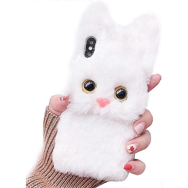 Cartoon Doll Toy Cat iPhone 12 Pro Case, Fluffy 3D Cute Plush Fur Animal Soft Cover with Bracket Stand Compatible with iPhone 6s Case (Plush Kitten Wh