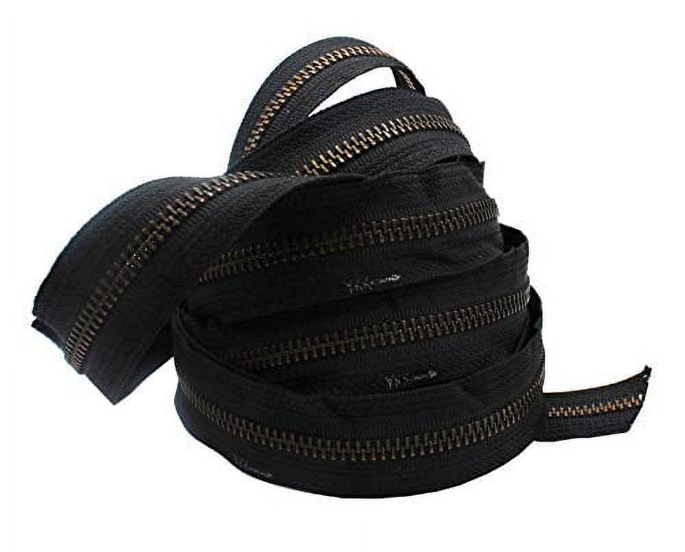 #5 YKK Continuous Antique Brass Black Zipper Chain - 10pcs #5 Non-Locking Long Pull Sliders Per 5 Yards - Color Black - Made in The United States (20 Yards & 40 Sliders)
