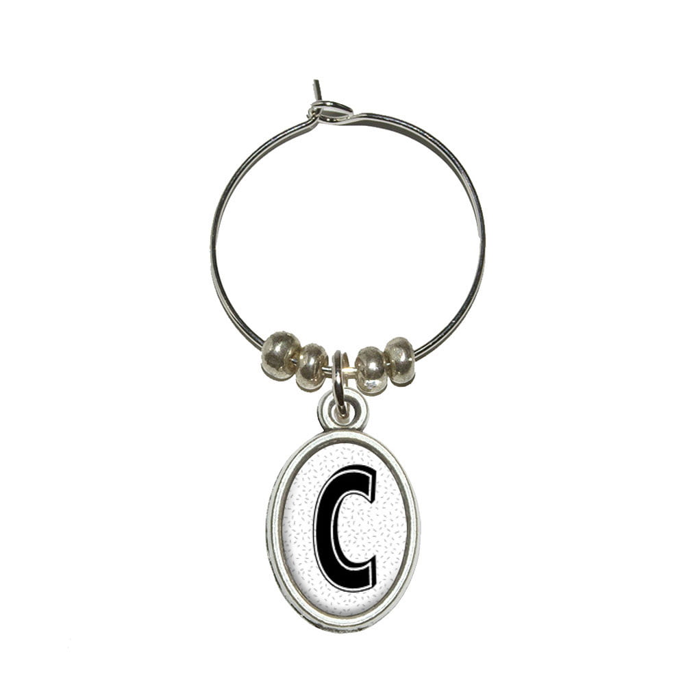 Letter C Initial Black and White Scrolls Wine Glass Charm Drink Stem Marker Ring 