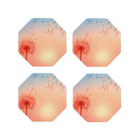 

Fuzoiu The Sunset of Dandelion Print Leather Coasters Set Drink Coasters Set of 4 for Tabletop Protection Durable PVC Coasters Home Décor and Housewarming Gift-Octagon