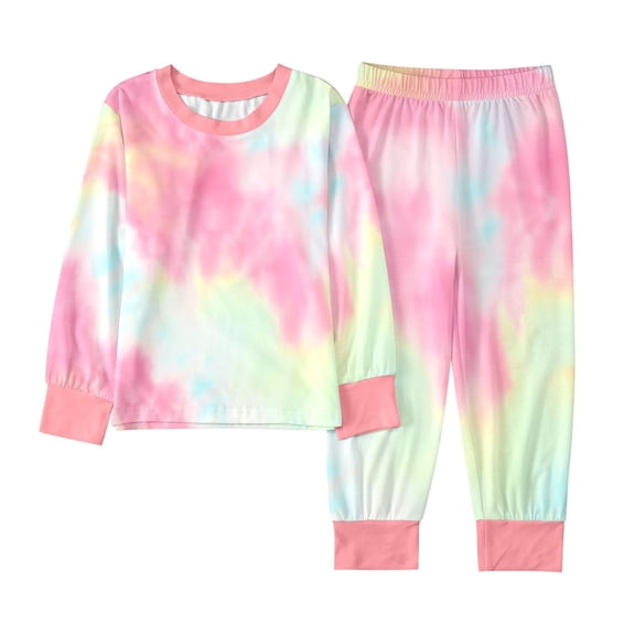 Hpapadks Girls Outfits Cozy Winter Long Sleeve Tie Dye Crewneck Tops Pants Soft Fleece Pajama Set Girls' Clothing Sets