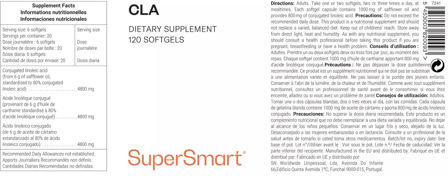 SuperSmart - Conjugated Linoleic Acid (CLA) - 4800 mg per Day - with Tonalin - Appetite Suppressant for Weight Loss - Fat Burner Supplement | Non-GMO & Gluten Free - 120 Softgels