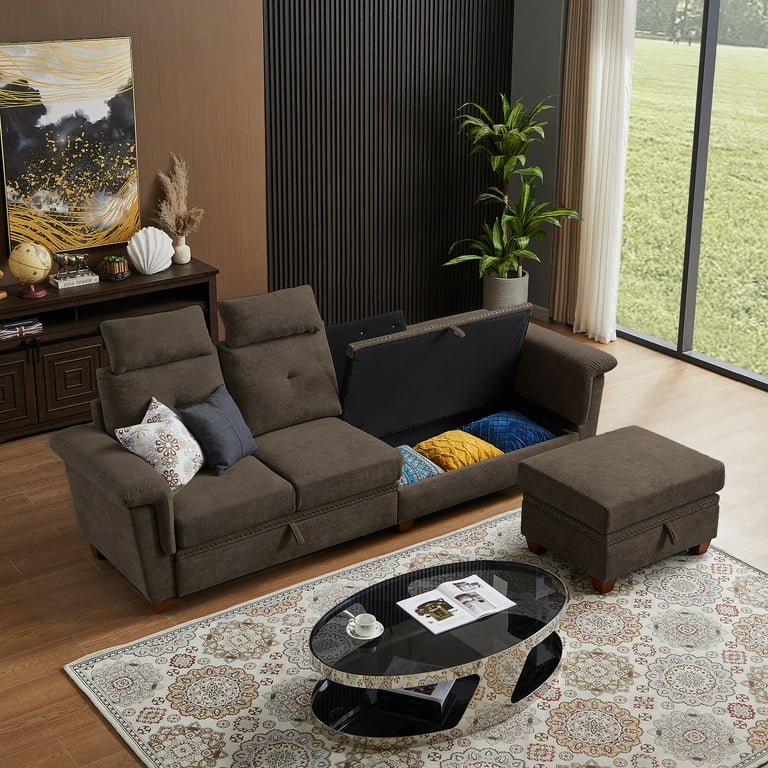 Jarenie Sectional Sofa High Back Sectional Couch with Ottoman Storage bag Storage ottoman L shaped Sofa with Extra Headrests 4 Seat Convertible