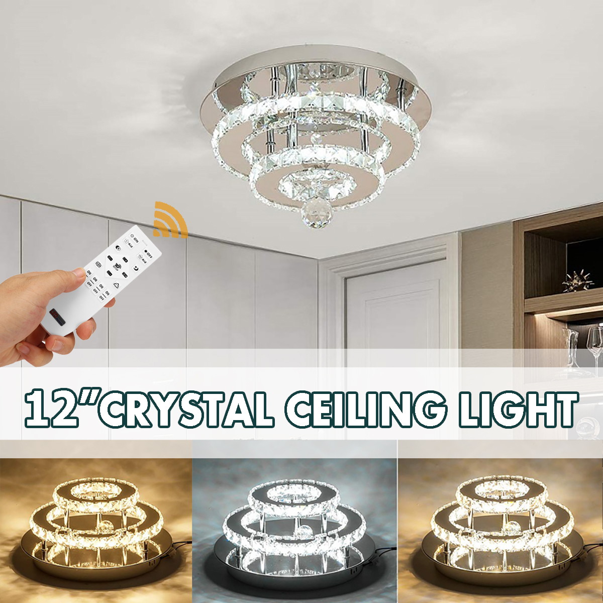 SINGES 2 Rings Modern Crystal Ceiling Light Flush Mounted, 12 inch LED Chandelier Pendant Linghting Fixtures Home Decor - image 1 of 6