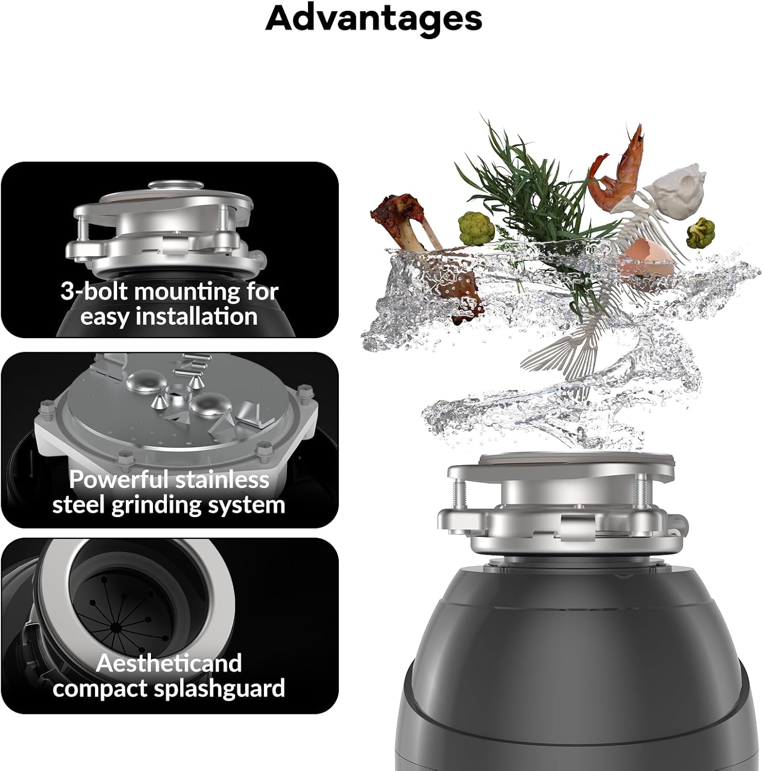GAOMON 1 HP Garbage Disposal with Air Switch, 4-Stage Grinding, 3500 RPM, Quiet Food Waste Disposer, Stainless Steel & ABS, for Kitchen, Gray