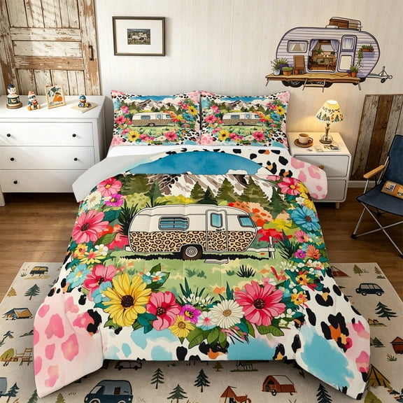 Castle Fairy Floral Camper Full Size Comforter Sets 3 Pieces for Girls, Mountain Art Bedding Sets for Bedroom, Pink Green Beige,Grey Reversible