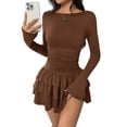 thumbnail image 3 of Women Long Sleeve Corset Mini Dress Ruffle Hem Short Party Club Dresses Brown M, 3 of 9