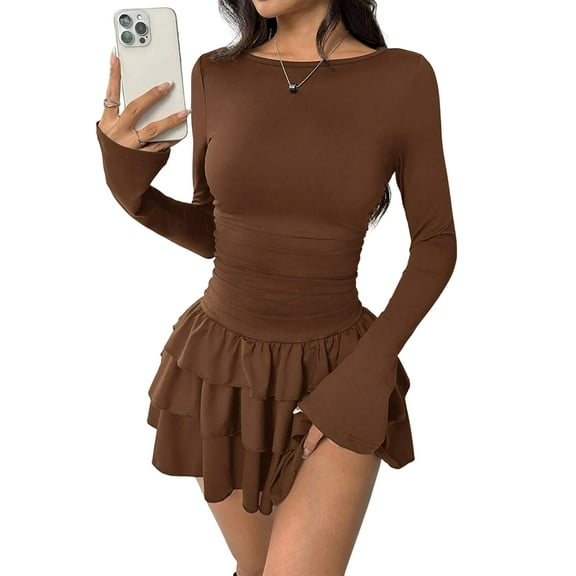 Womens Long Sleeve Corset Mini Dress Ruffle Hem Short Party Club Dresses Brown XS