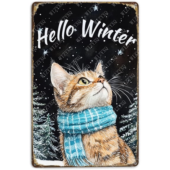 Hello Winter Cat Metal Signs Pine Trees Snowflakes Tin Signs Aluminum Sign for Home Farmhouse Office Outdoor Kitchen 12×8 Inch